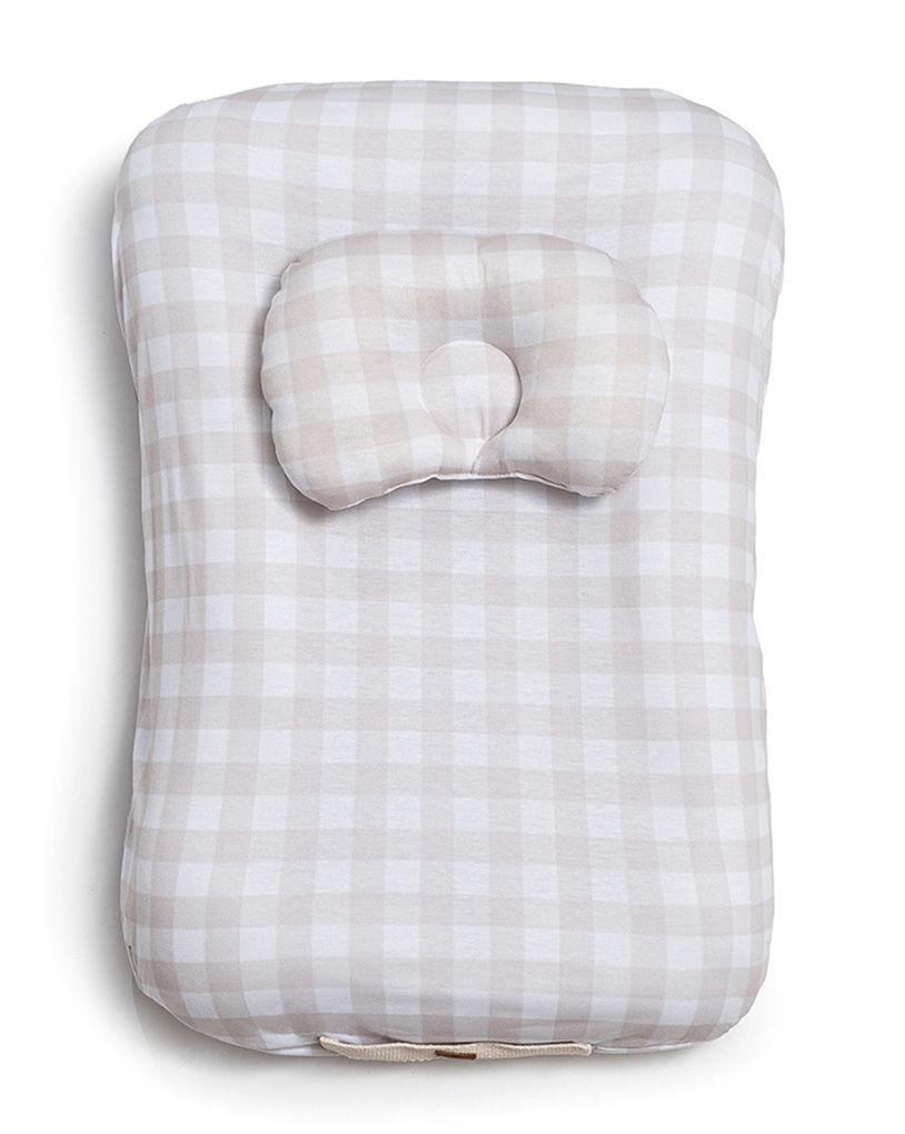 Nido ergonómico para bebé vichy beige con almohadita y manija-000 Nido ergonómico para bebé vichy beige con almohadita y manija-000